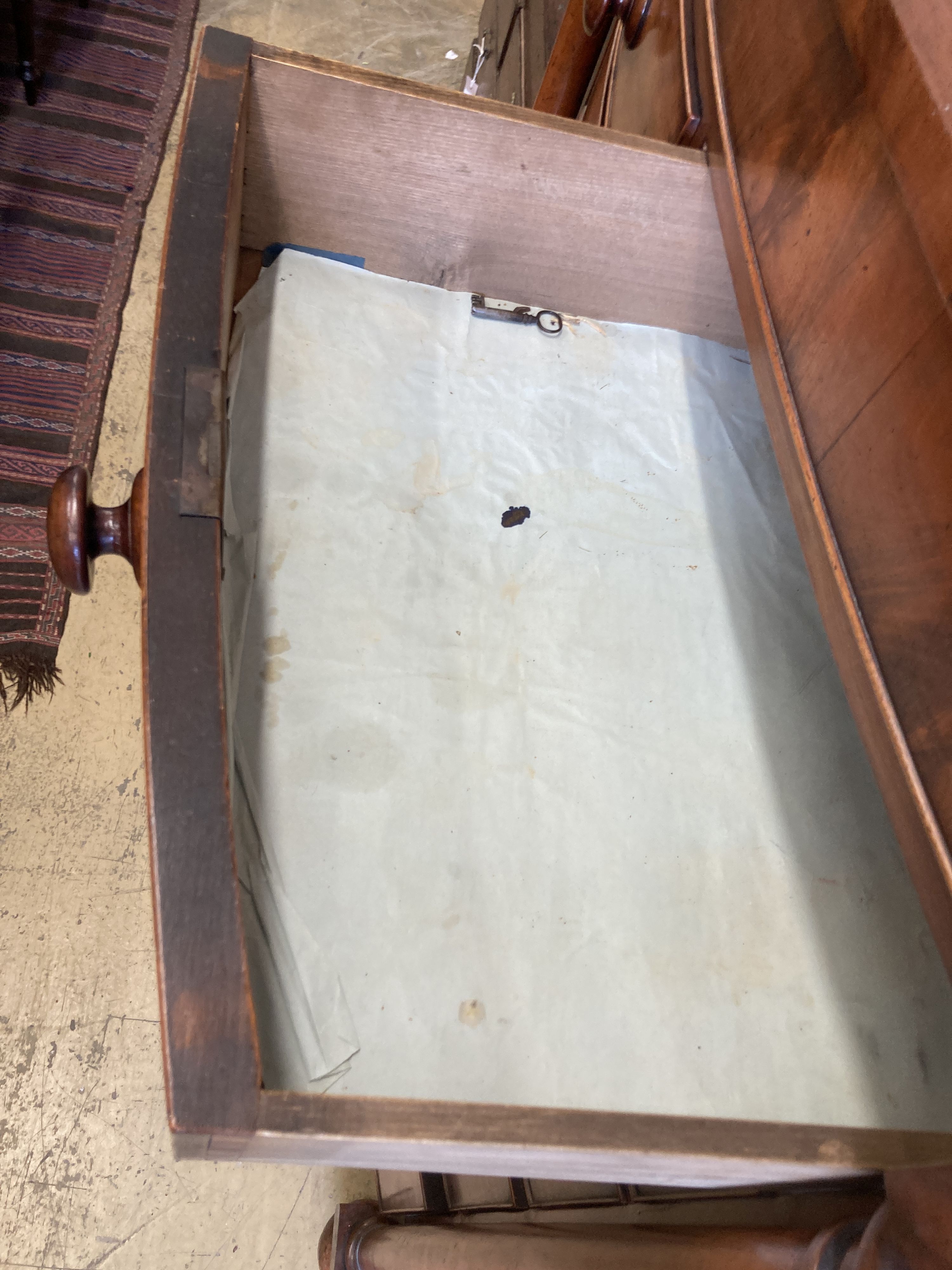 A Victorian mahogany bow front chest, width 120cm, depth 57cm, height 137cm